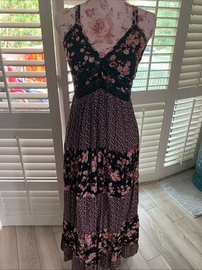 Angie Black Maxi Dress with Pink Floral Print